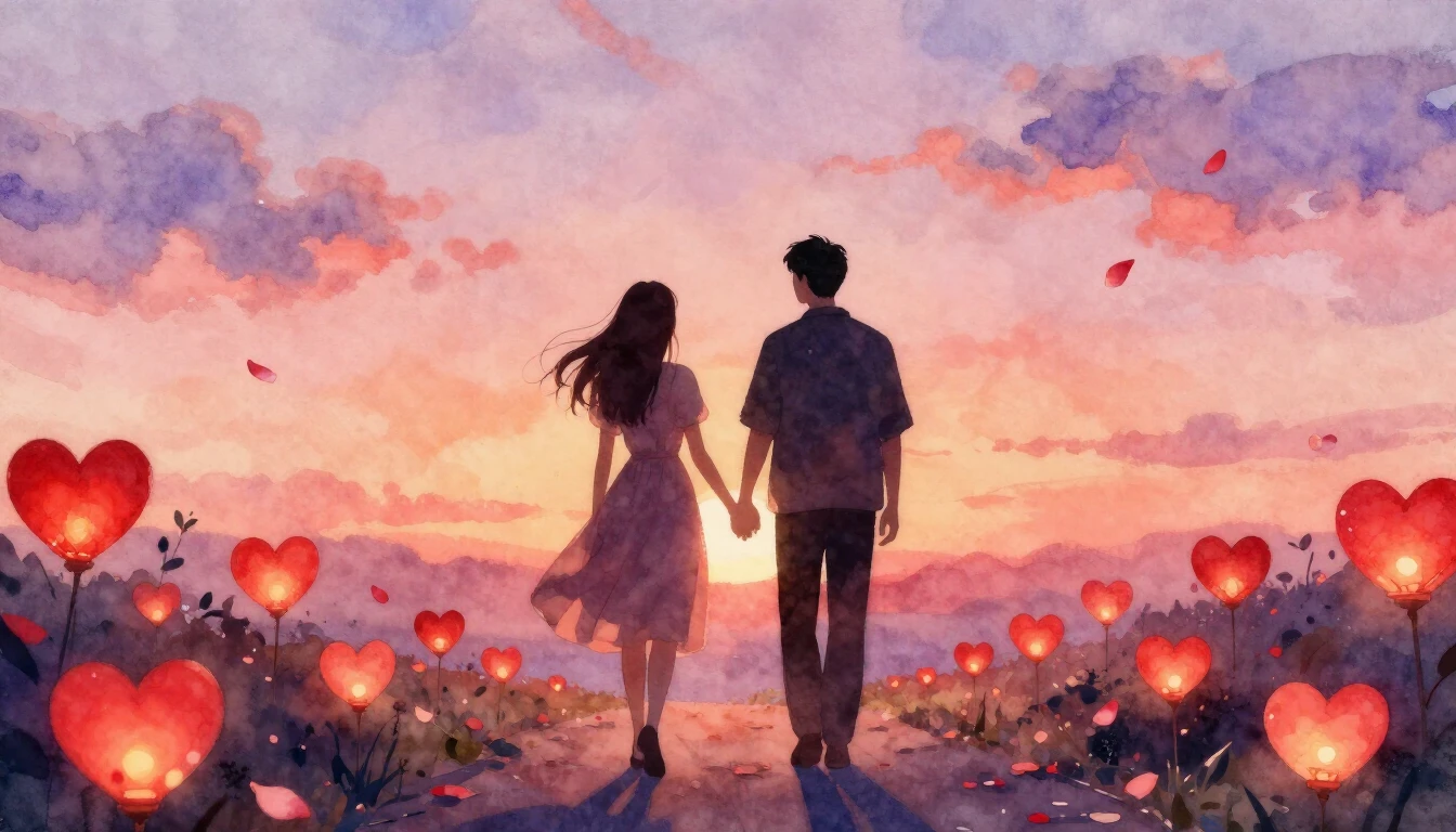 A romantic watercolor painting showing two silhouettes holdi...