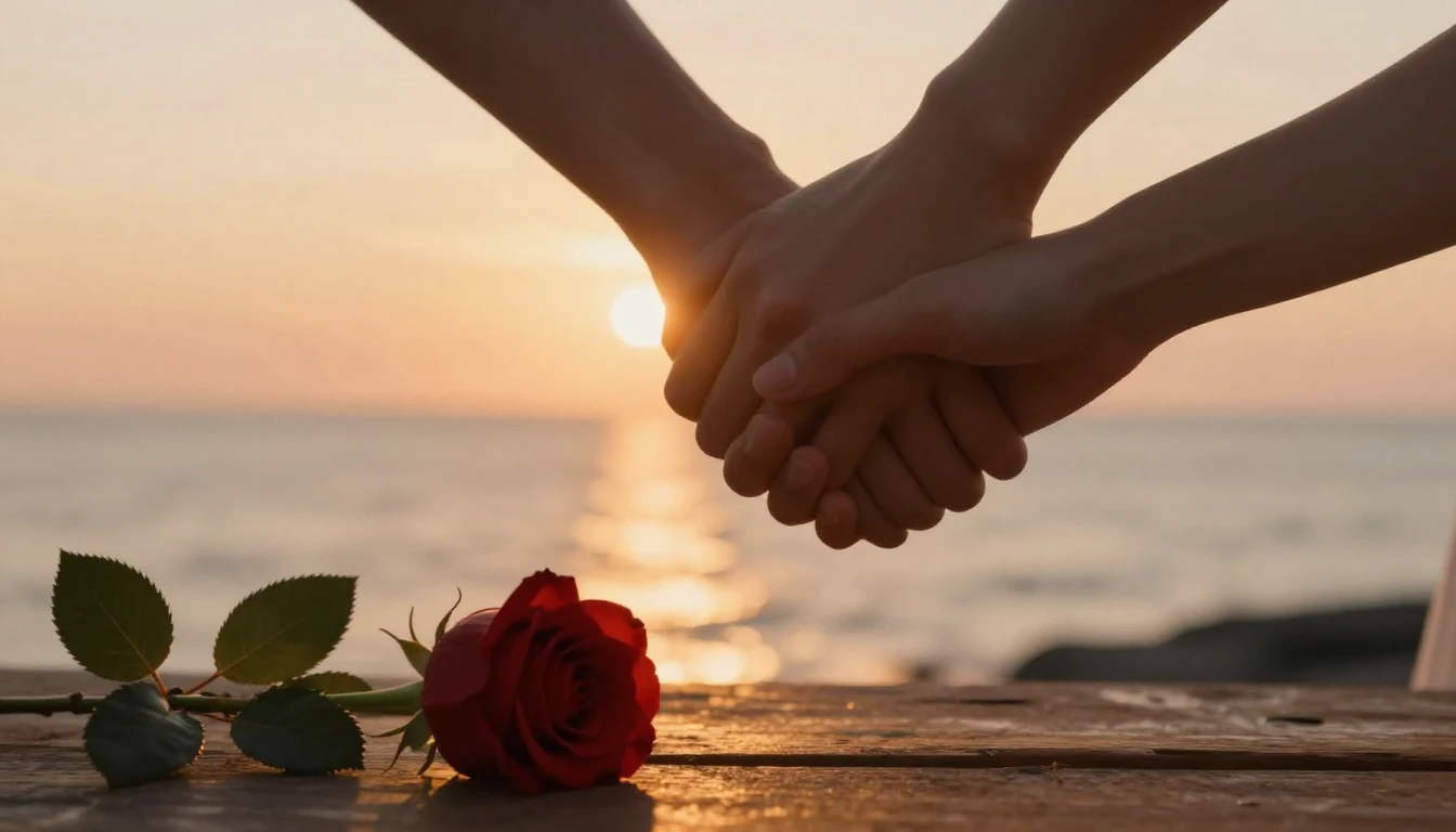 A cinematic, romantic scene featuring a close-up of two hand...