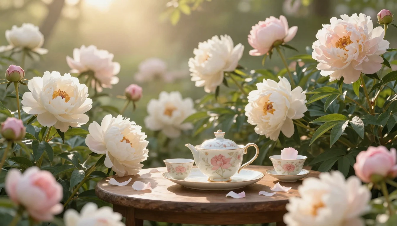 A beautiful and serene scene featuring a lush garden filled ...