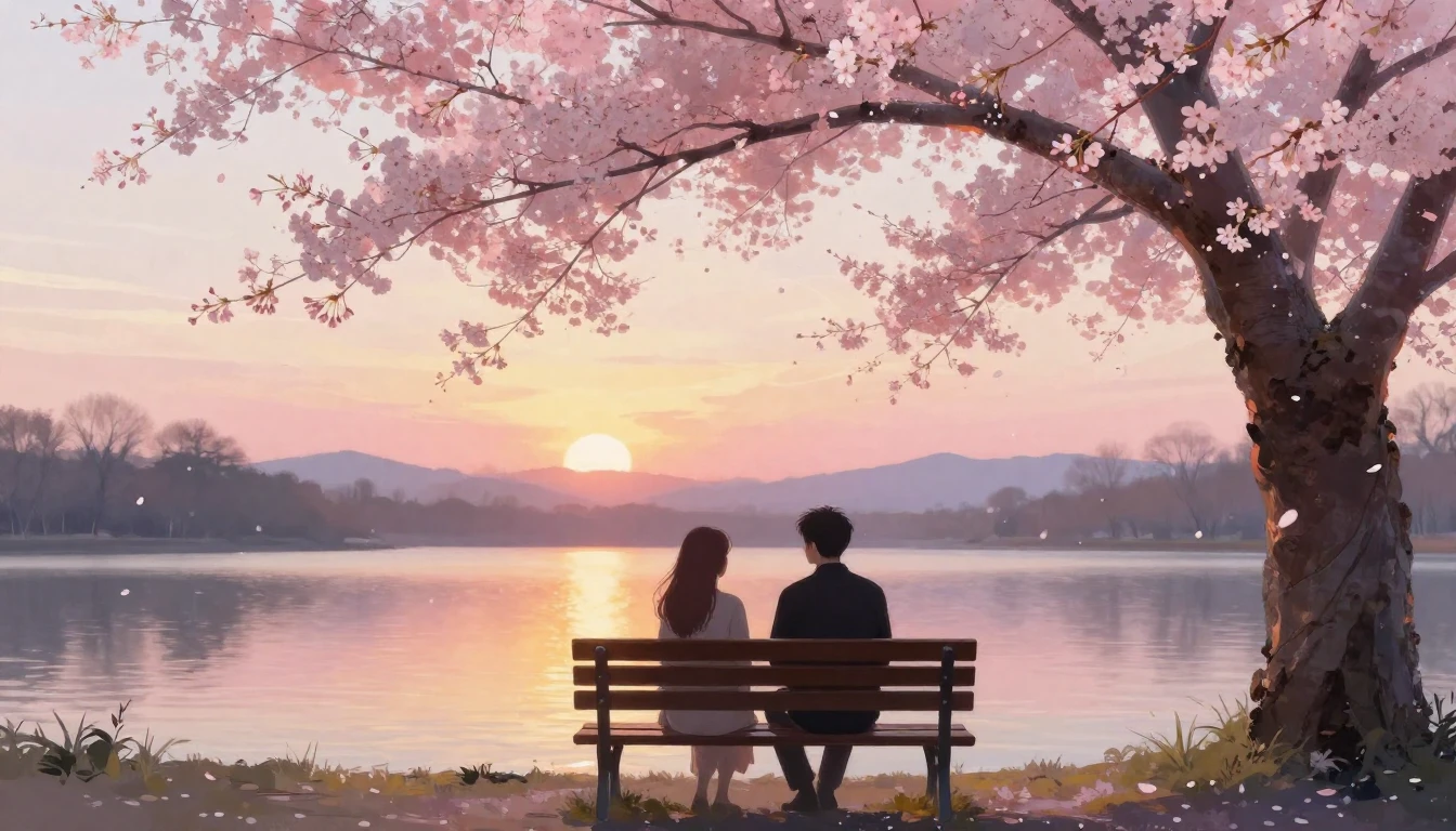 A dreamy and romantic scene featuring two silhouettes sittin...