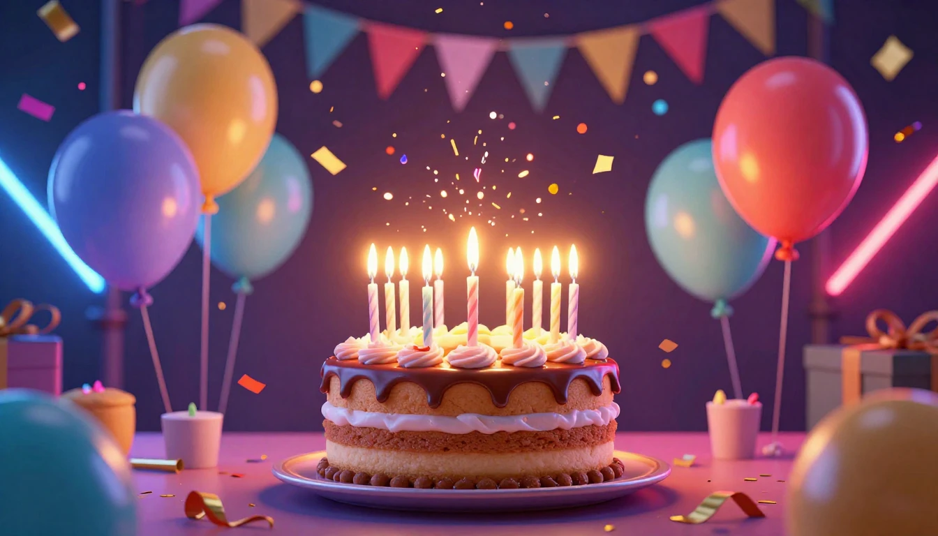 A vibrant and festive birthday celebration scene, a deliciou...