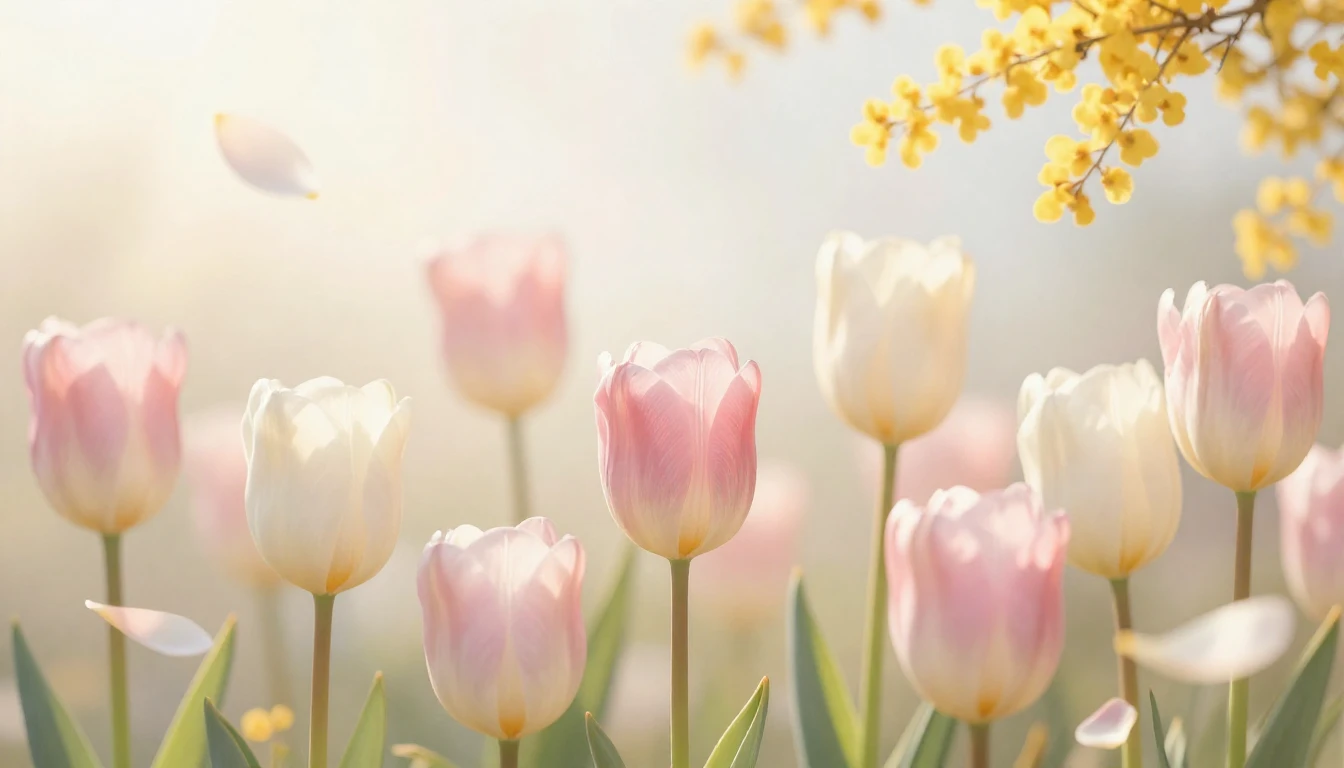 An artistic and serene visual of blooming tulips and mimosas...