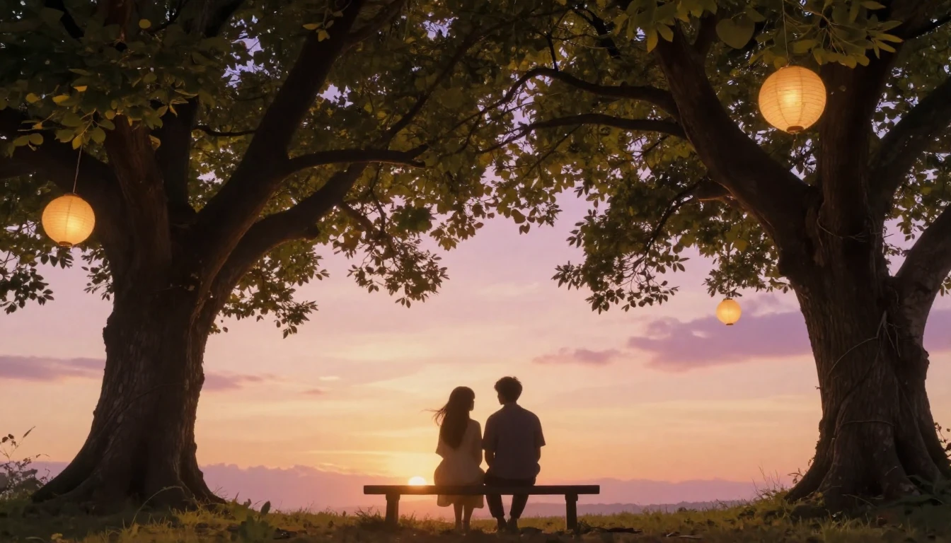 A romantic and dreamy scene featuring two silhouettes sittin...