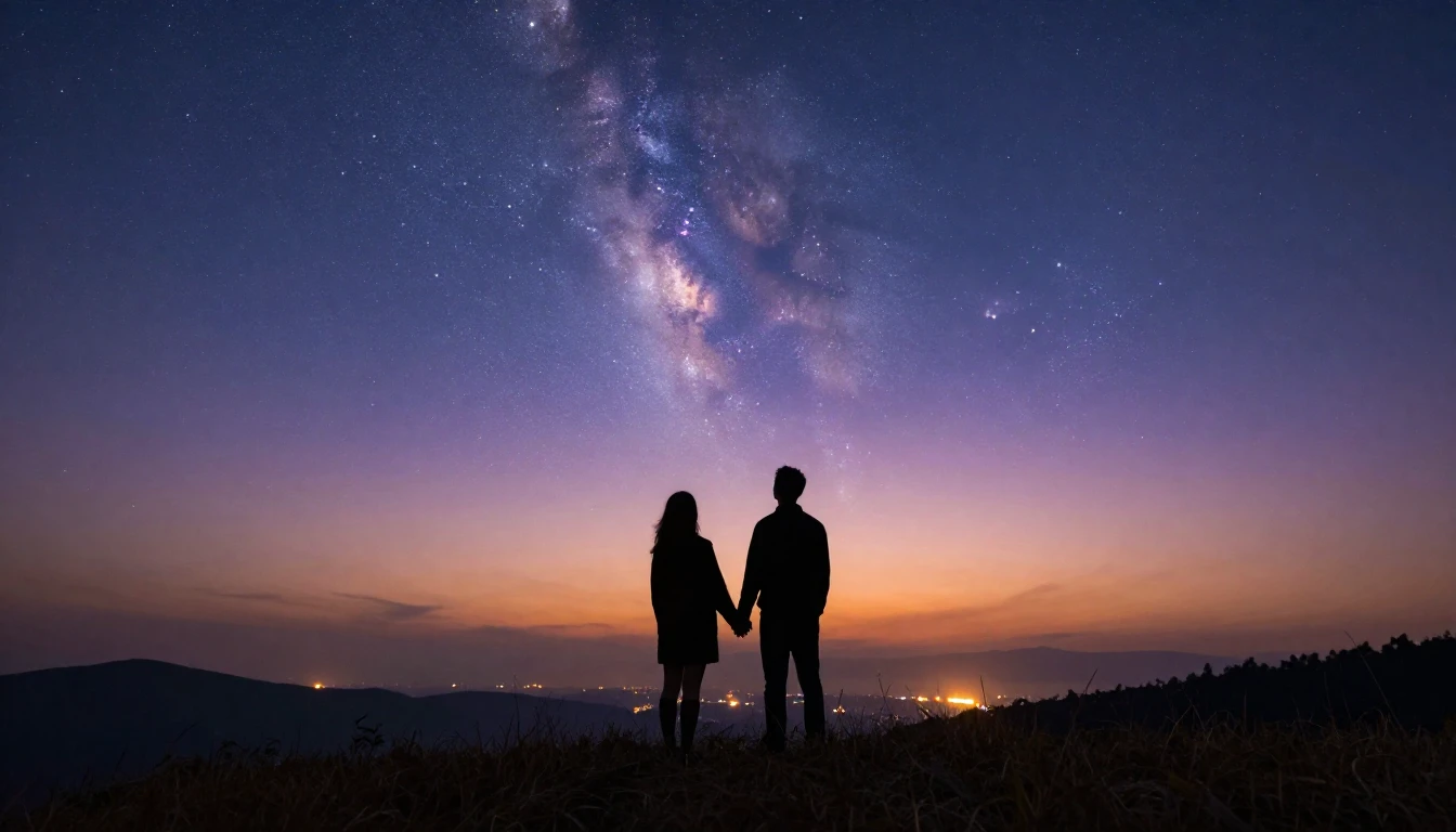 A cinematic wide shot of a silhouette of a couple holding ha...