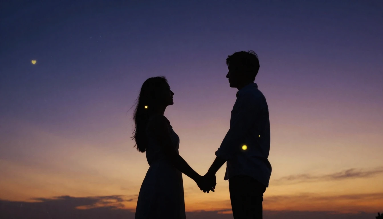 A romantic and dreamy scene featuring a silhouette of a coup...