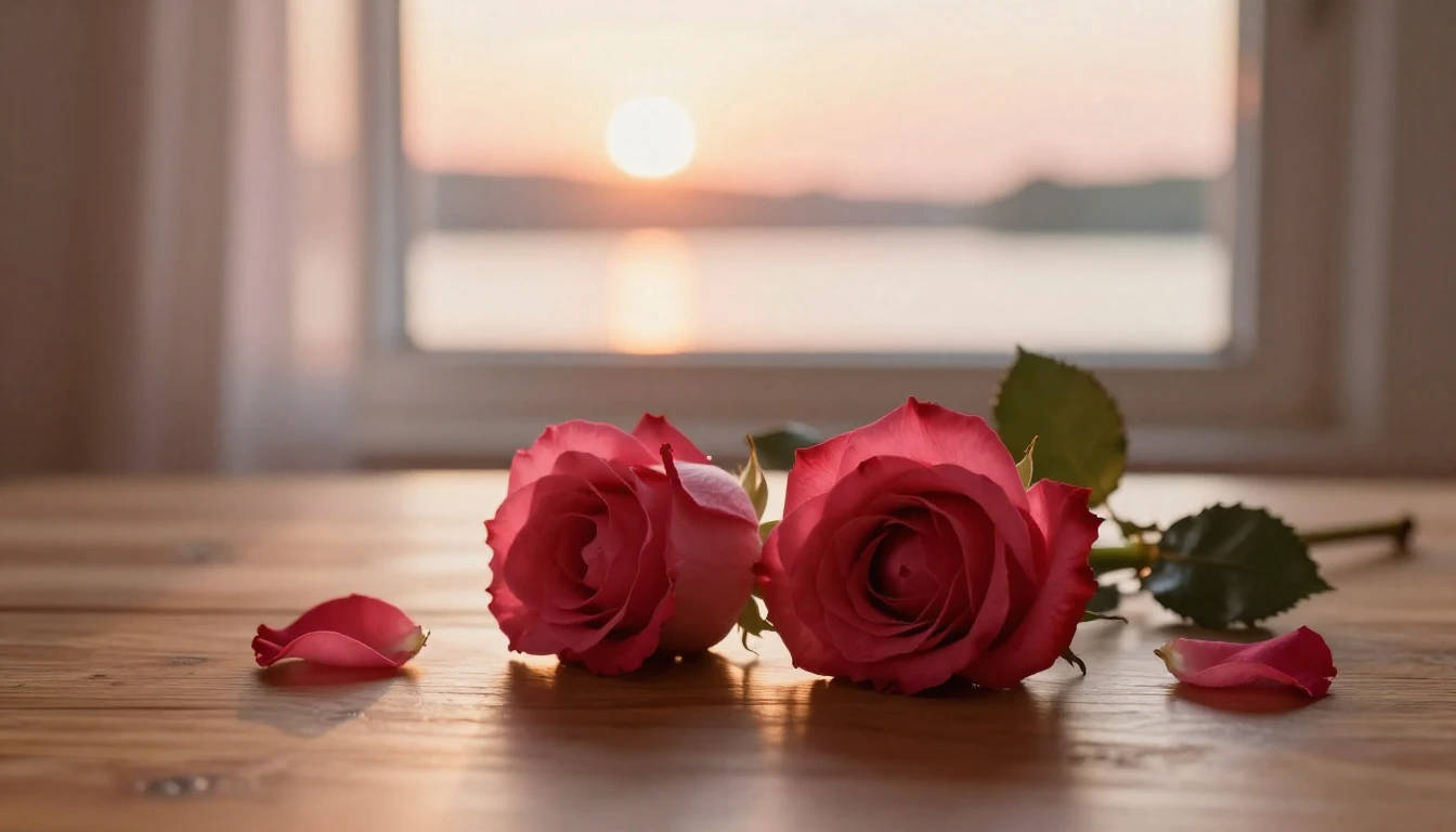 A beautiful and ethereal scene featuring two delicate red ro...