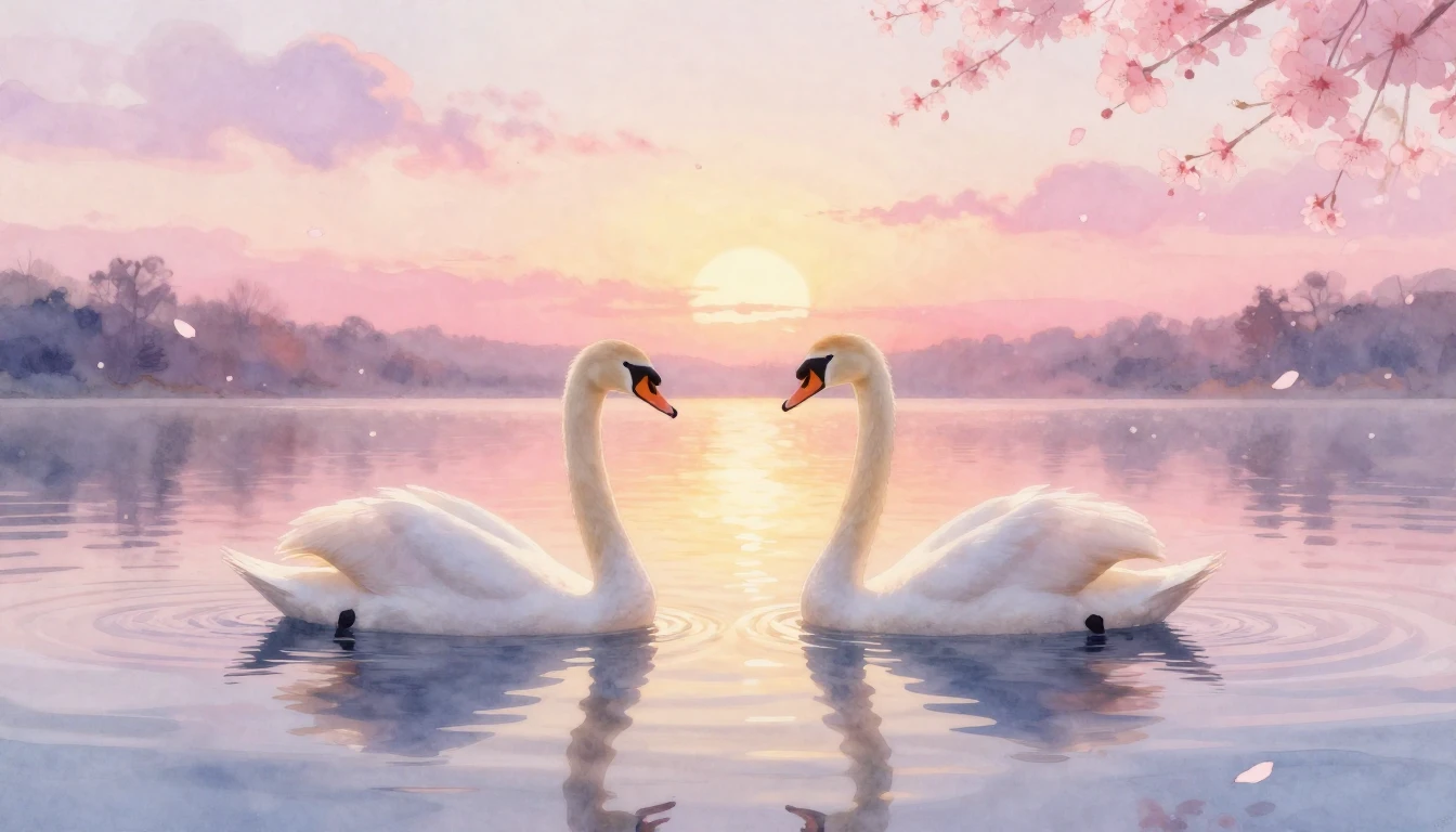 A soft and dreamy watercolor painting of two elegant swans g...