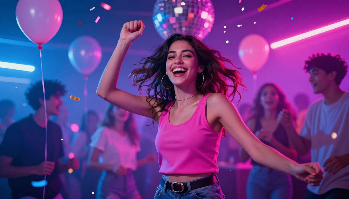 A vibrant and energetic party scene featuring a stylish youn...