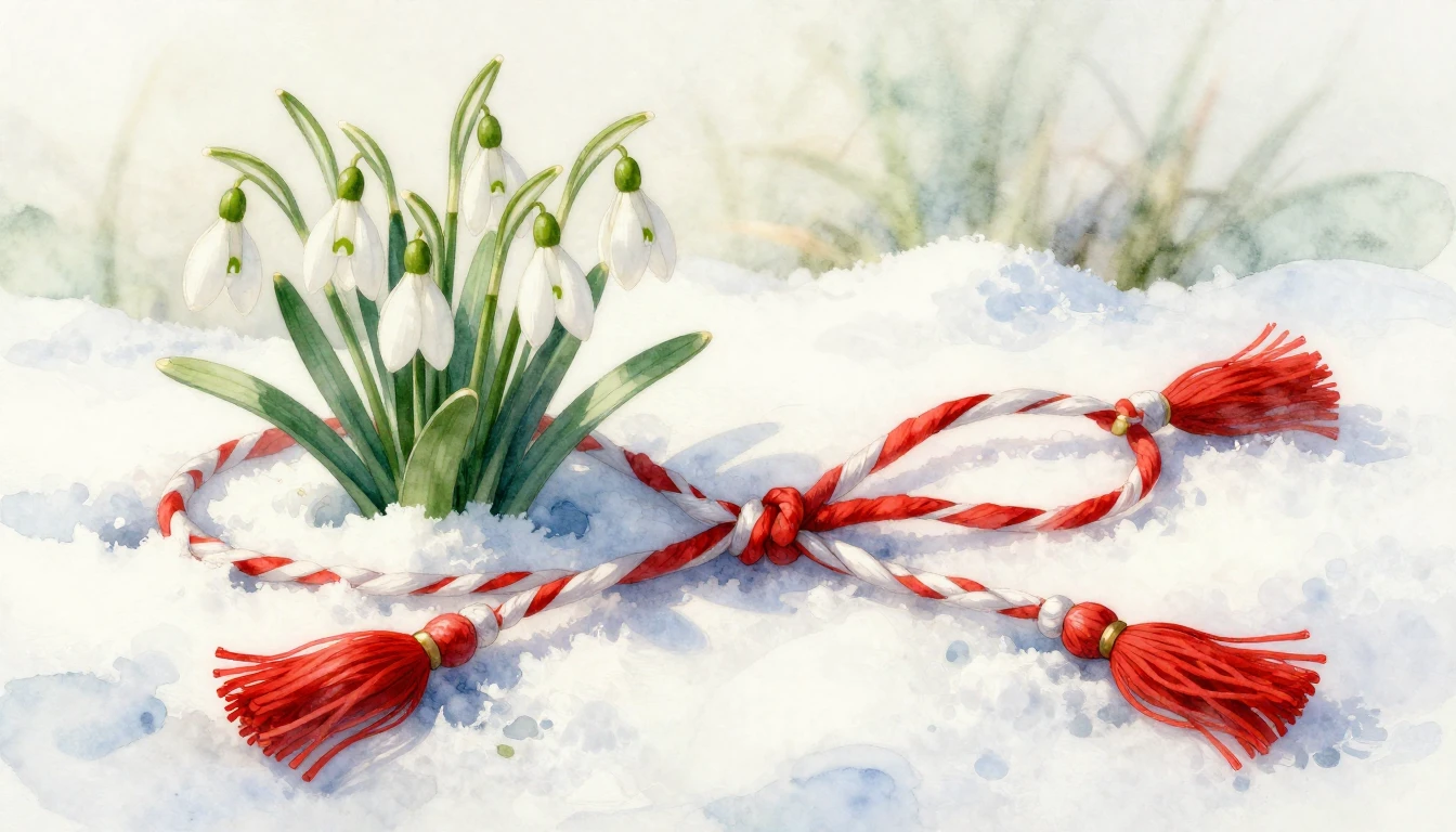 A delicate watercolor painting of a traditional Mărțișor sym...