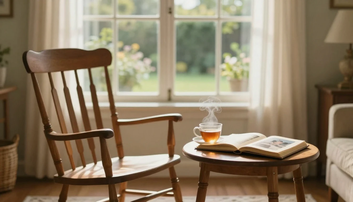 A cozy living room scene bathed in soft, golden sunlight fil...