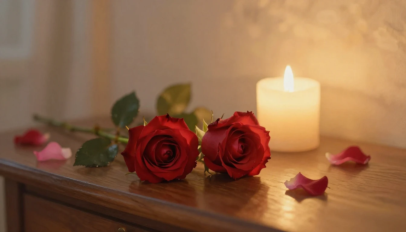 A delicate and ethereal scene featuring two intertwined red ...