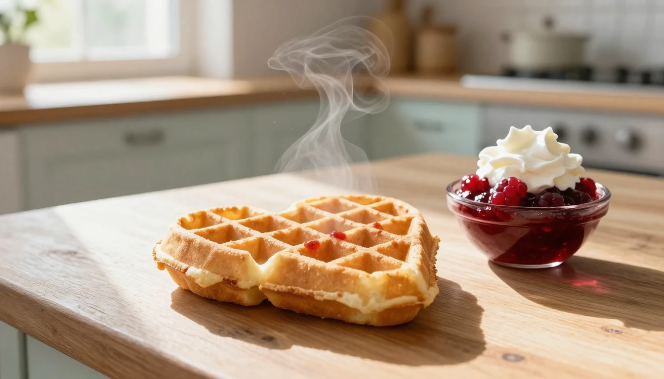 A beautiful close-up of a golden-brown, heart-shaped waffle ...