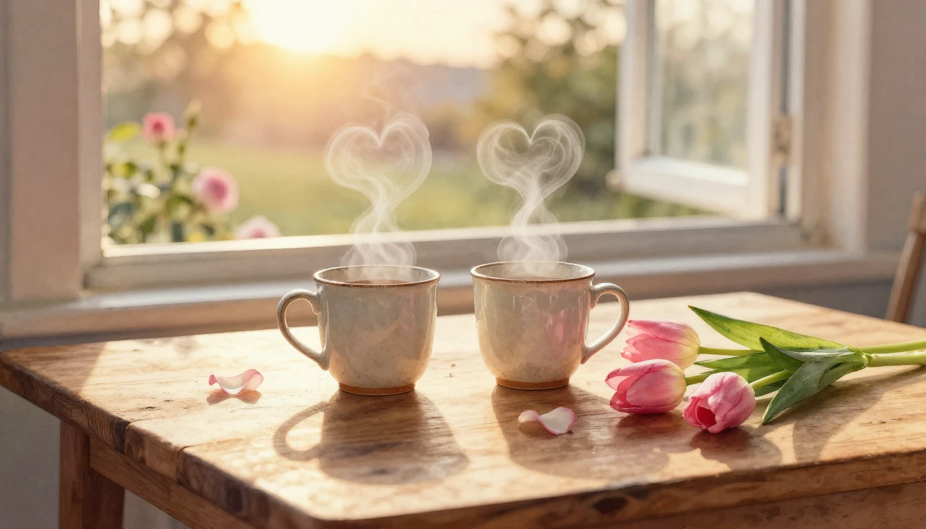 A soft watercolor painting of a cozy wooden table by a windo...