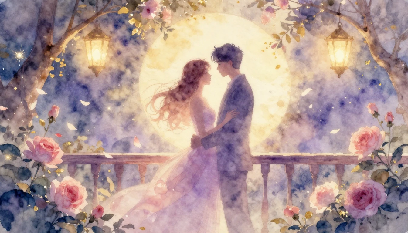 A delicate watercolor painting of two intertwined silhouette...