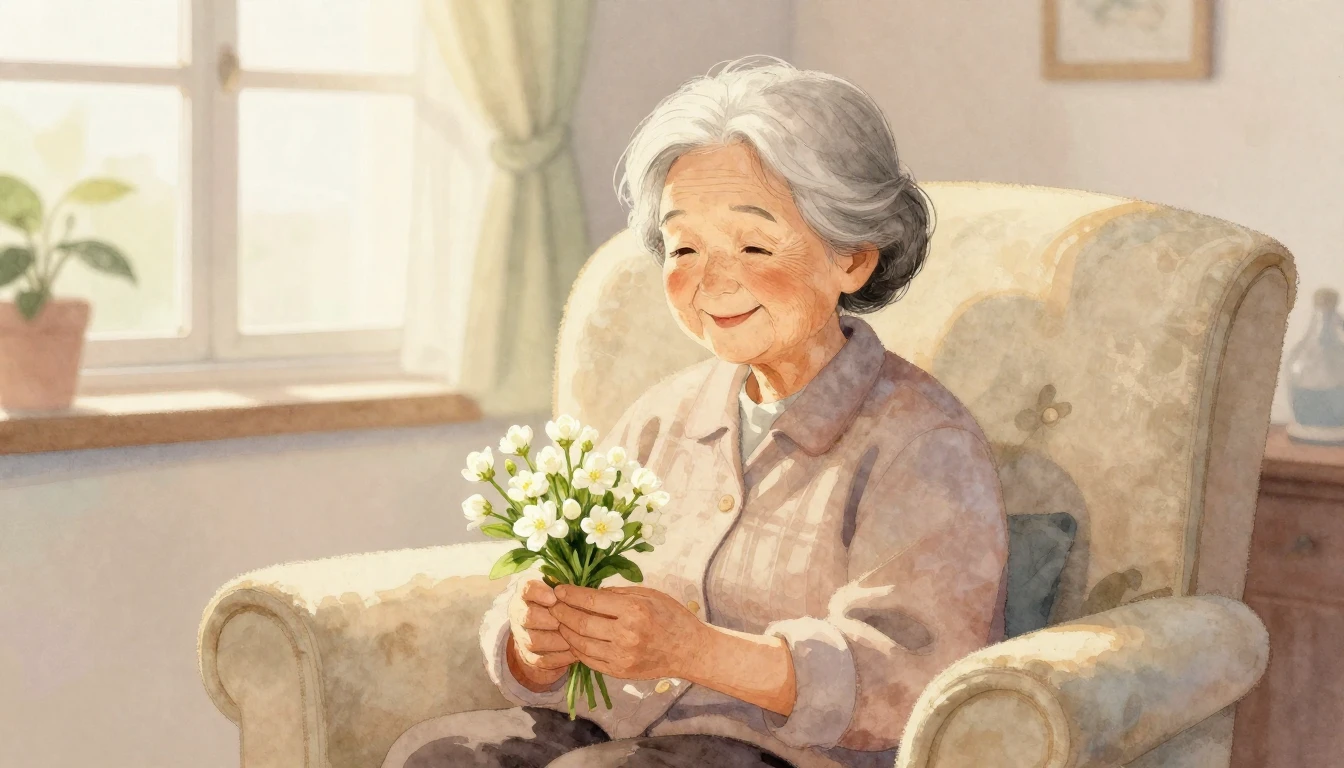 A heartwarming watercolor painting of a kind elderly Asian g...