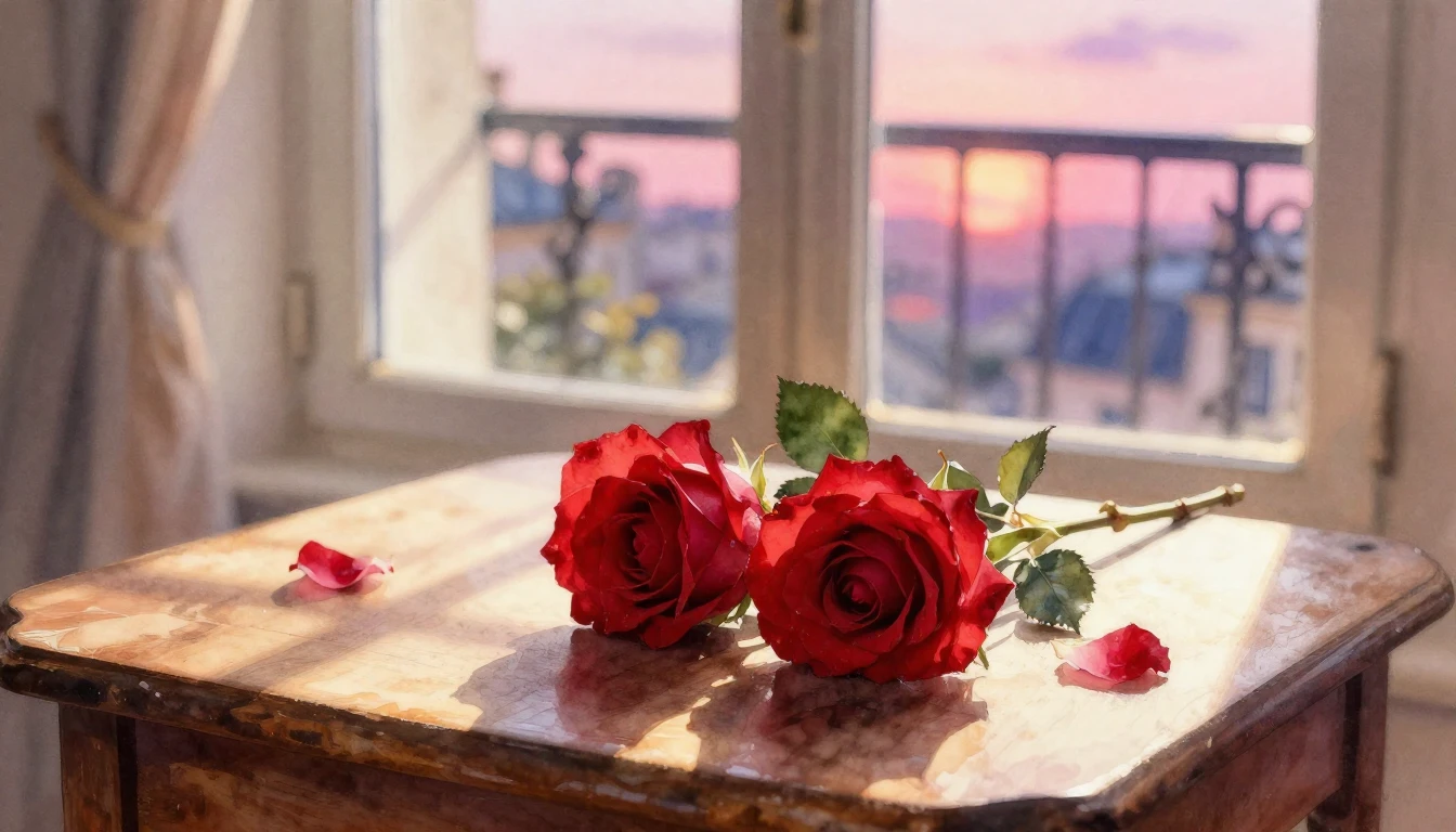 A delicate watercolor painting of two intertwined red roses ...