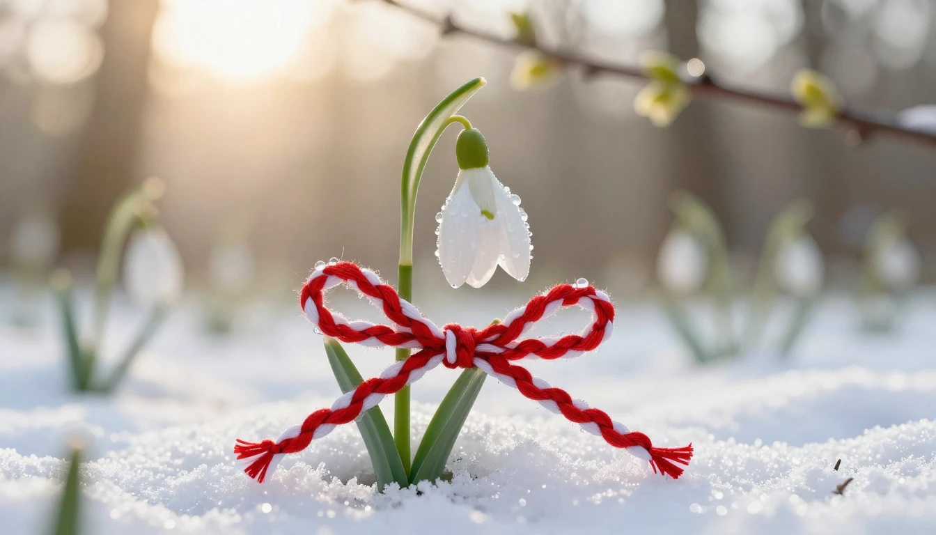 A delicate white snowdrop flower emerging from a thin layer ...