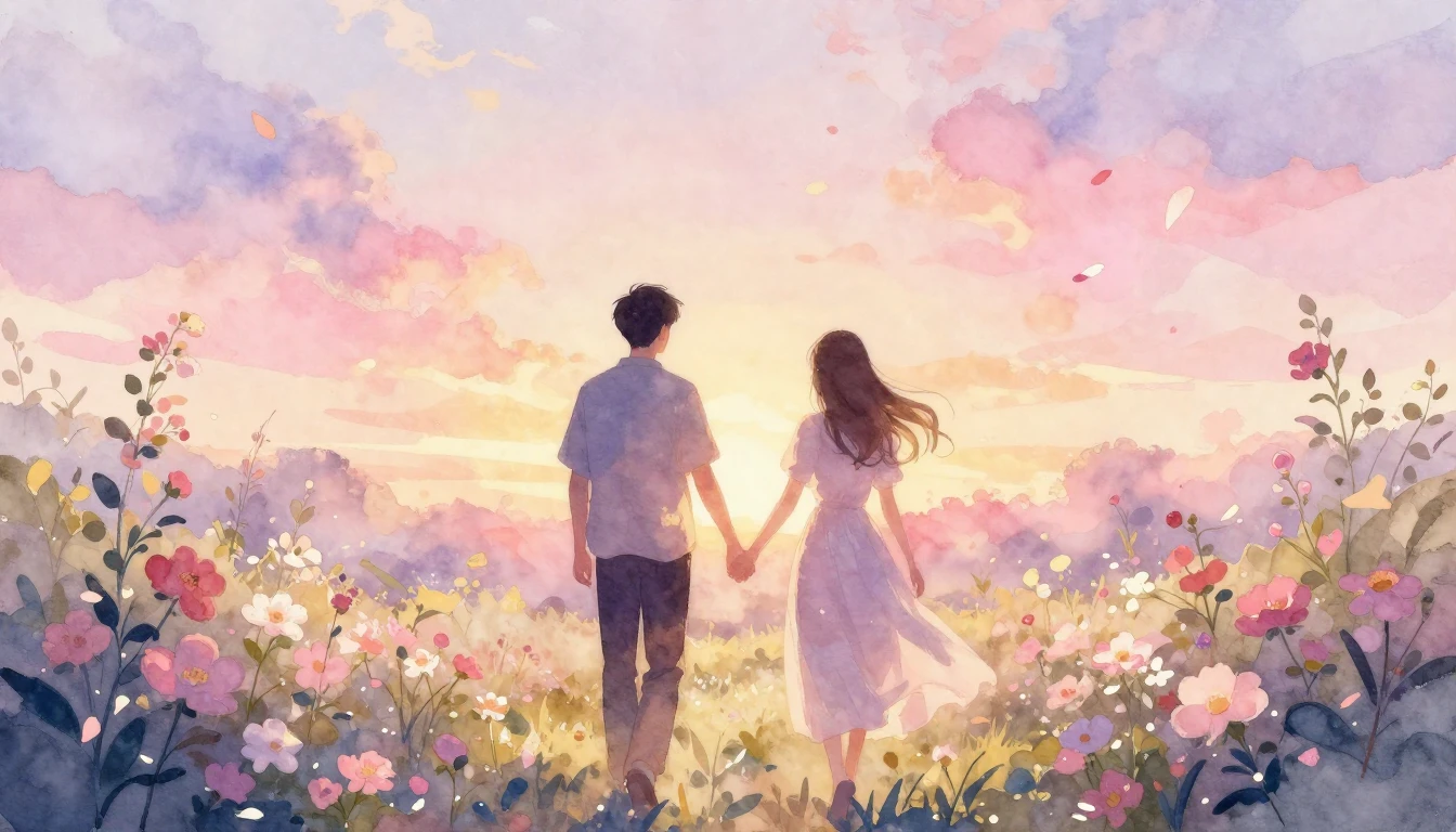 A dreamy and romantic watercolor illustration of two silhoue...