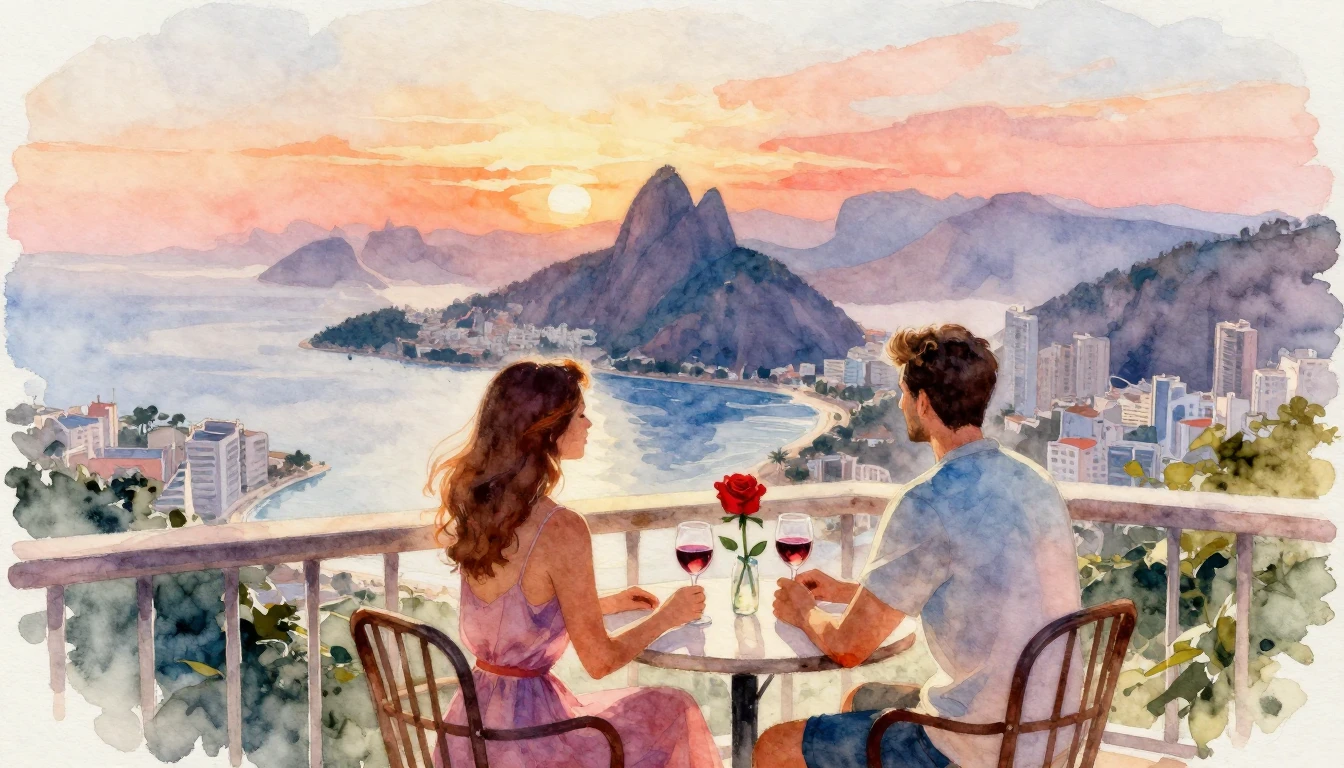 Soft watercolor painting of a romantic couple sitting on a b...