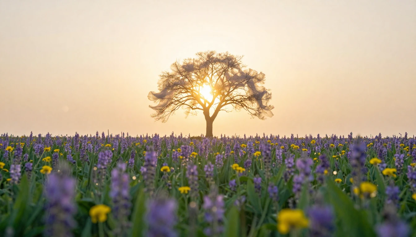 A beautiful, serene landscape featuring a field of blooming ...