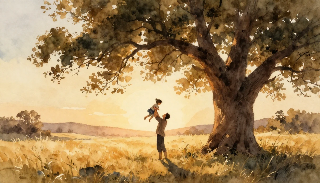 A warm and nostalgic watercolor painting featuring a large, ...