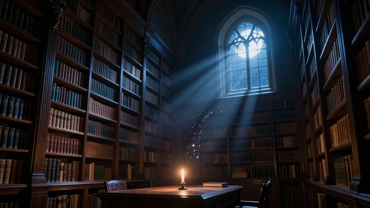 A vast, ancient library at midnight, illuminated by a soft, ...