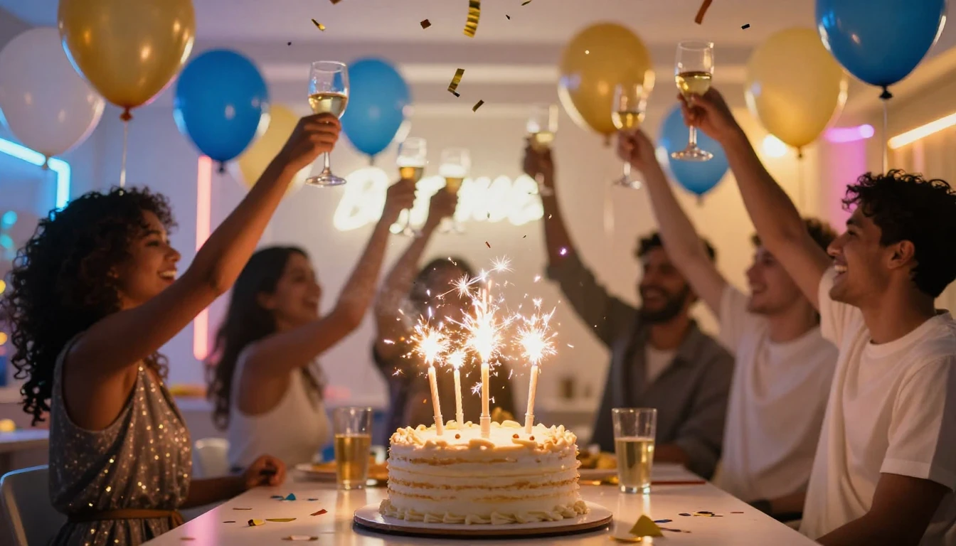 A vibrant and energetic birthday celebration scene featuring...