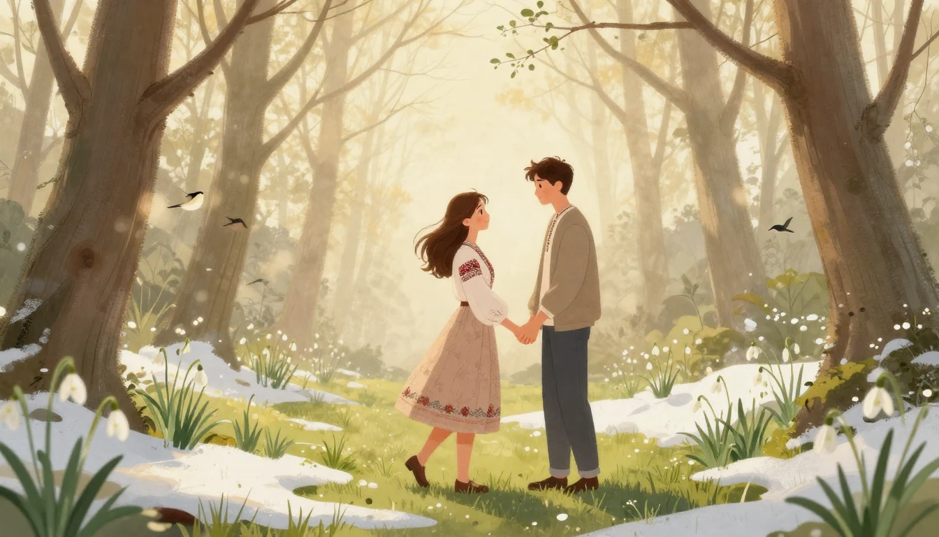 A soft and romantic illustration of a young couple holding h...