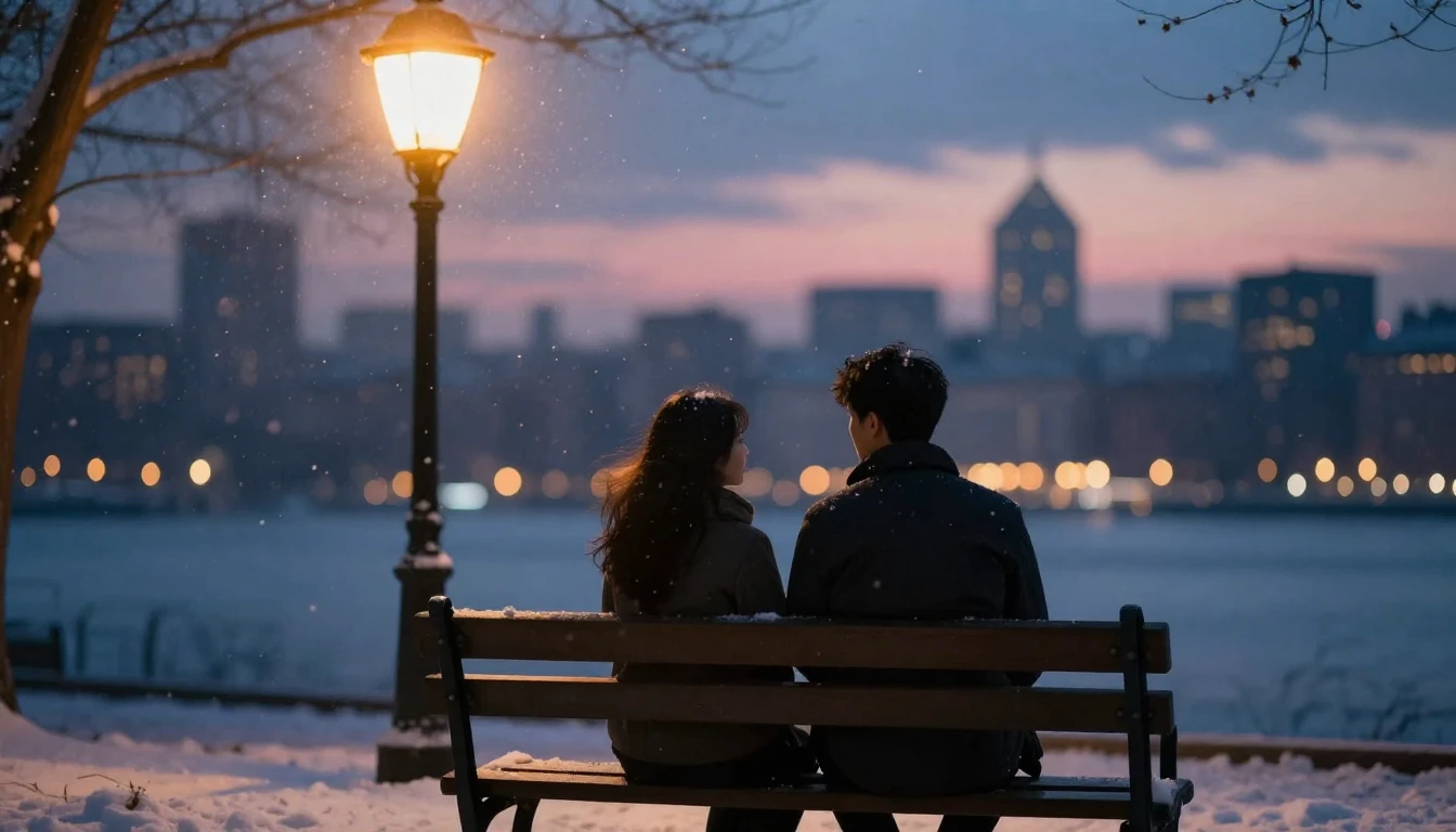 A romantic, soft composition showing two silhouettes sitting...
