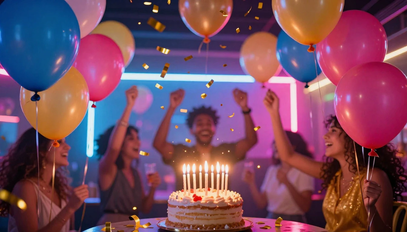 A vibrant and festive birthday party atmosphere, colorful ba...