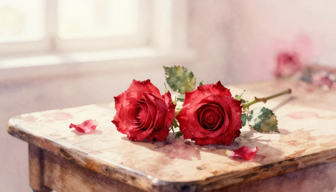 A delicate watercolor painting of two intertwined red roses ...