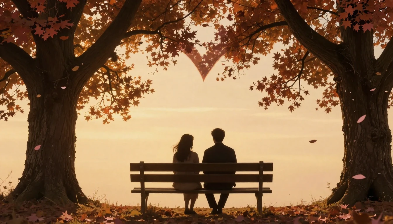 A romantic scene featuring two silhouettes sitting on a wood...