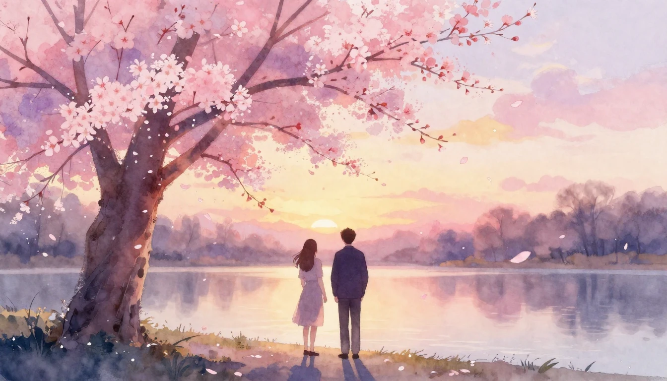 A soft watercolor painting of two silhouettes standing under...