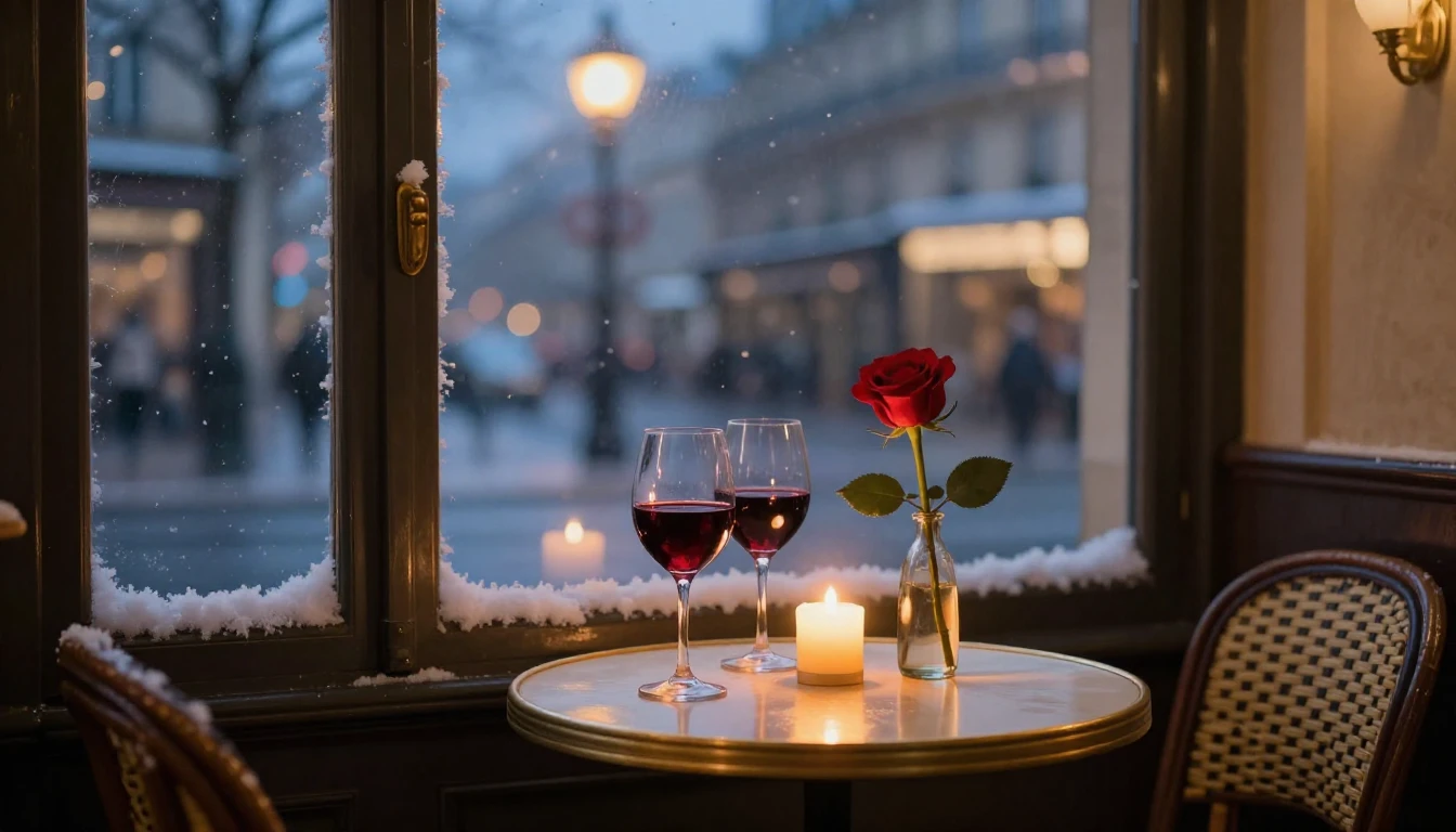 A romantic and intimate scene set in a cozy Parisian cafe at...