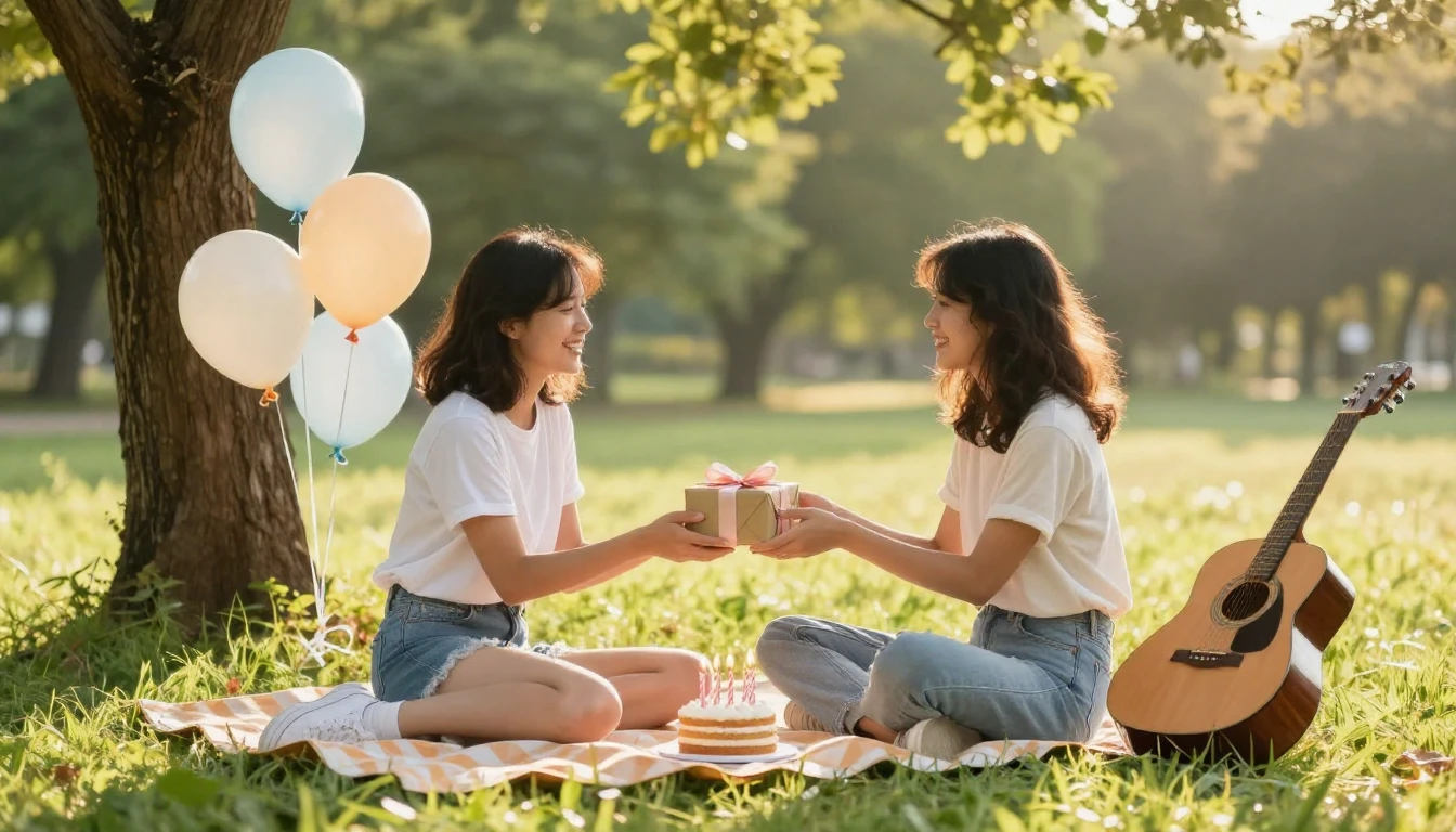 A heartwarming scene of two best friends sitting on a cozy p...