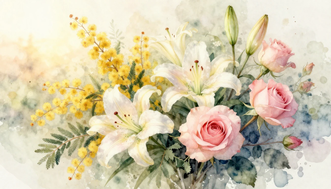 A beautiful watercolor painting of a diverse bouquet of spri...