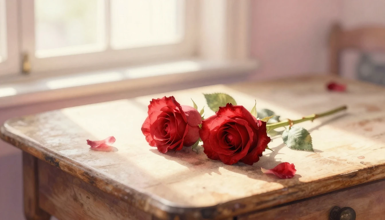 A delicate watercolor painting of two intertwined red roses ...