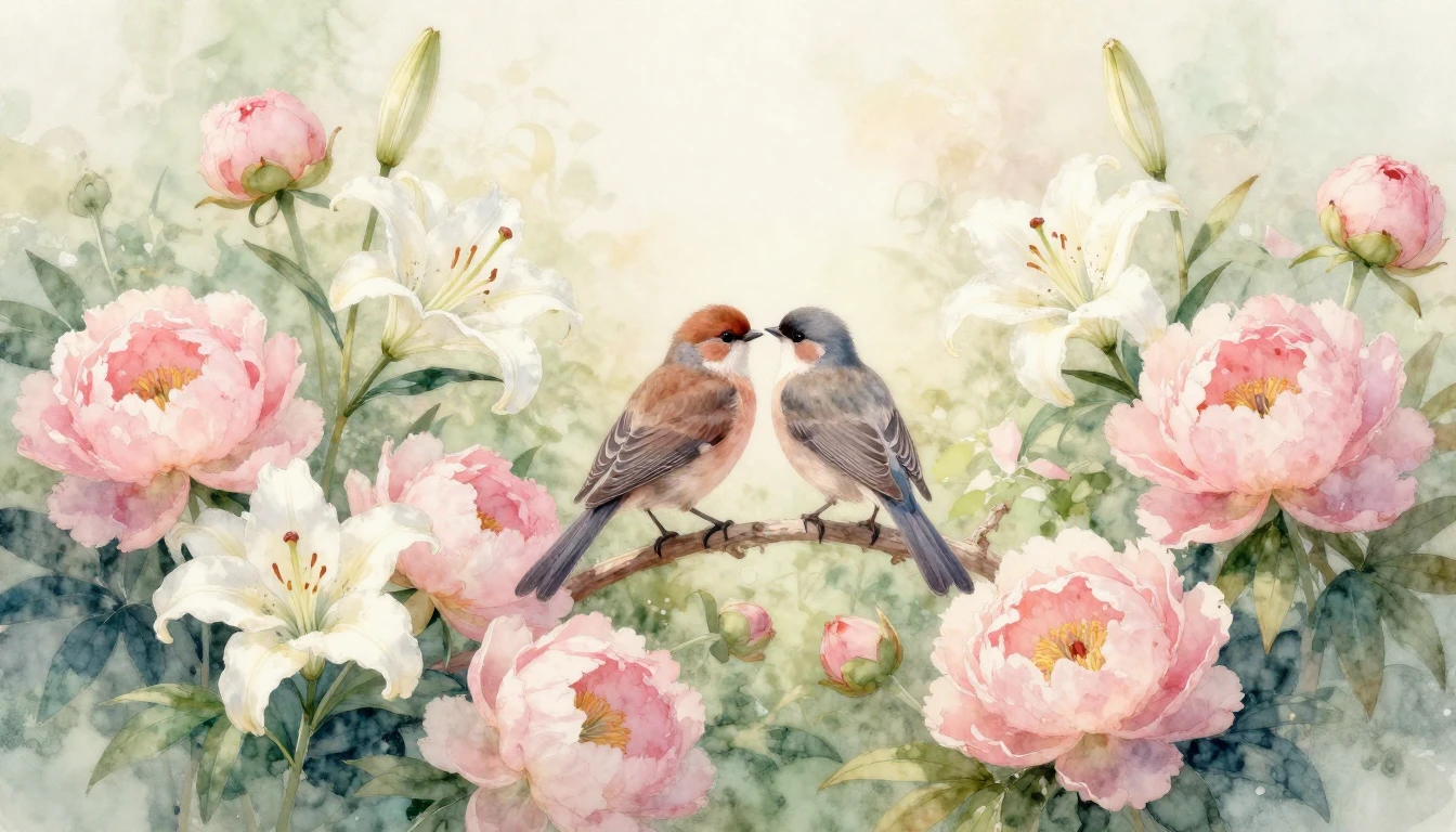 A delicate watercolor painting of a blooming garden filled w...