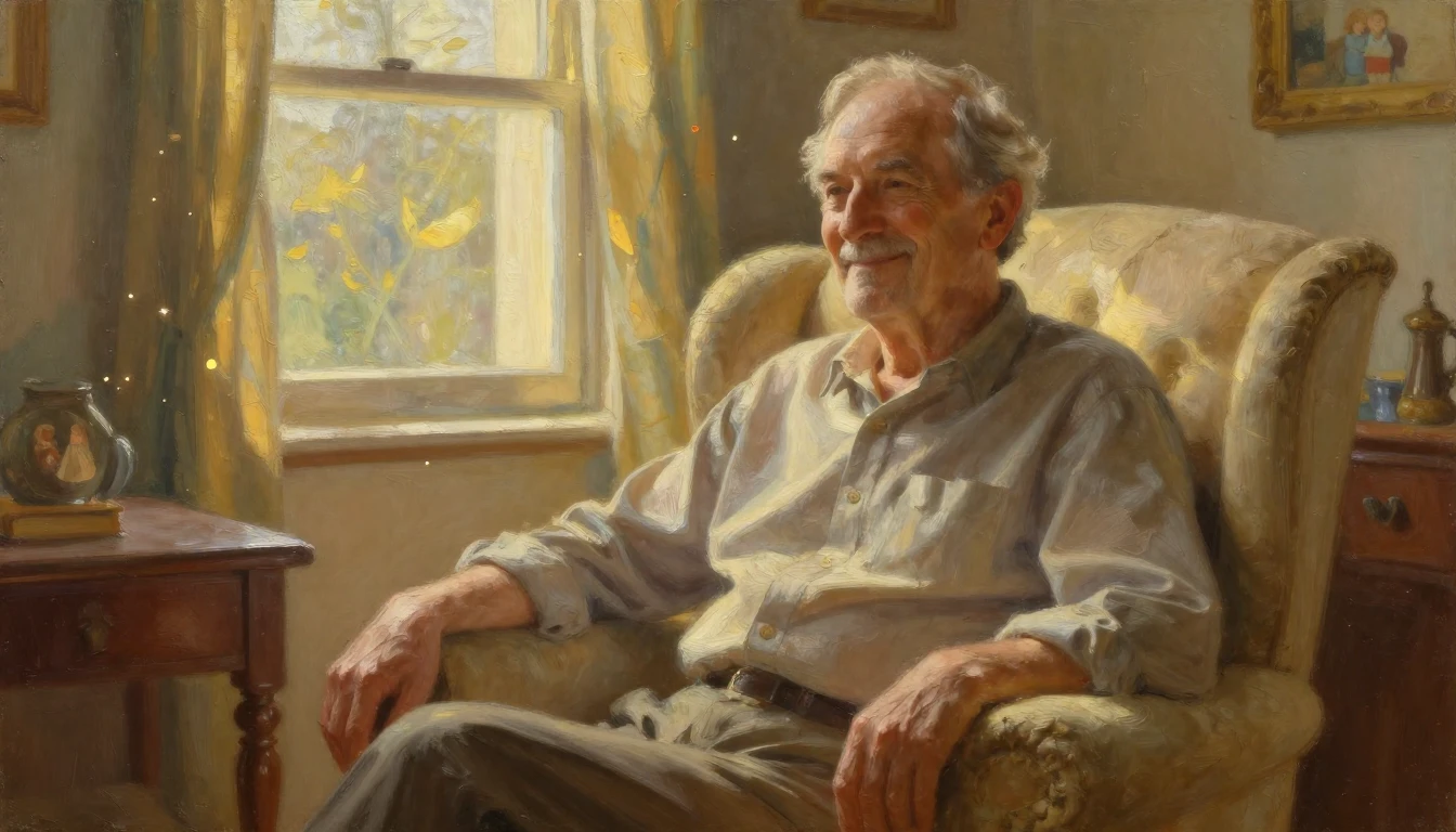 A heartwarming oil painting of an older father figure sittin...