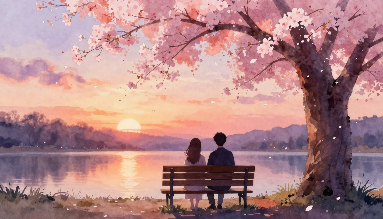 A soft watercolor painting of two silhouettes sitting togeth...