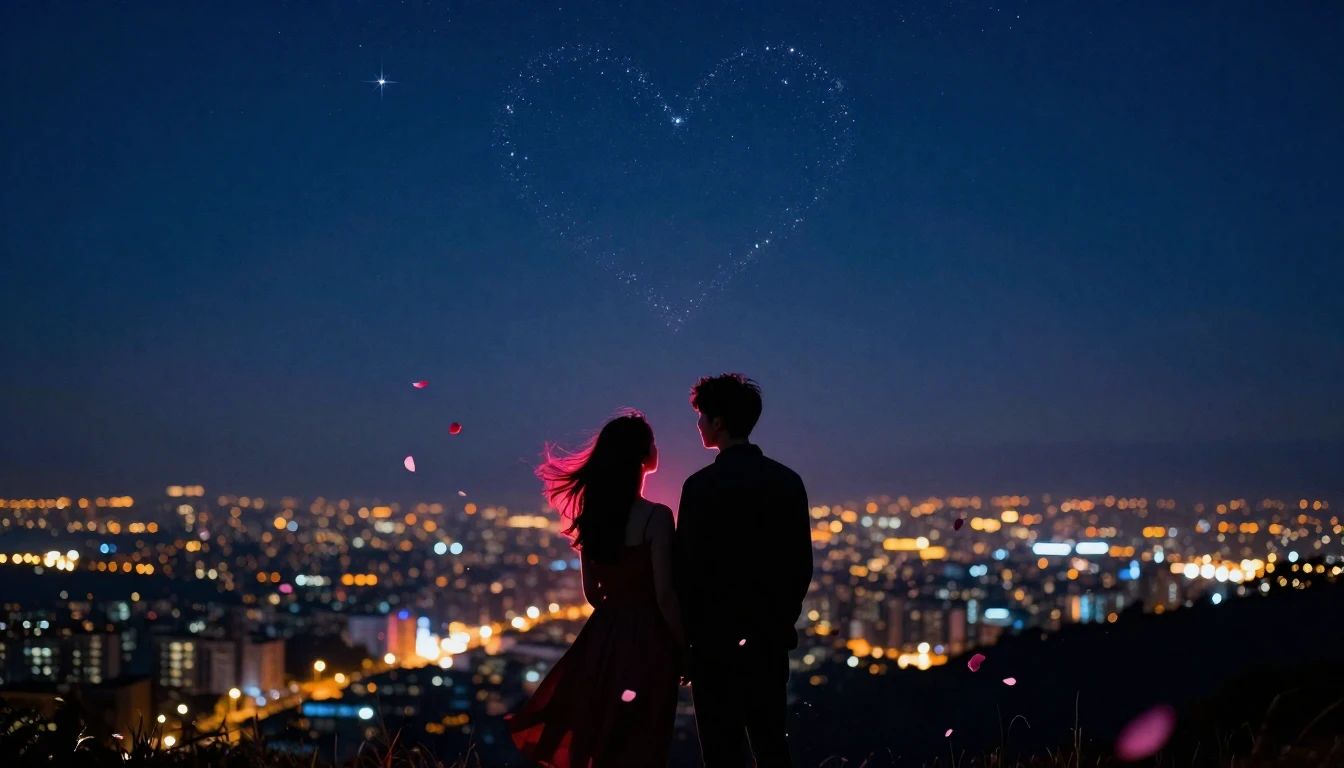 A romantic and atmospheric scene featuring silhouettes of a ...