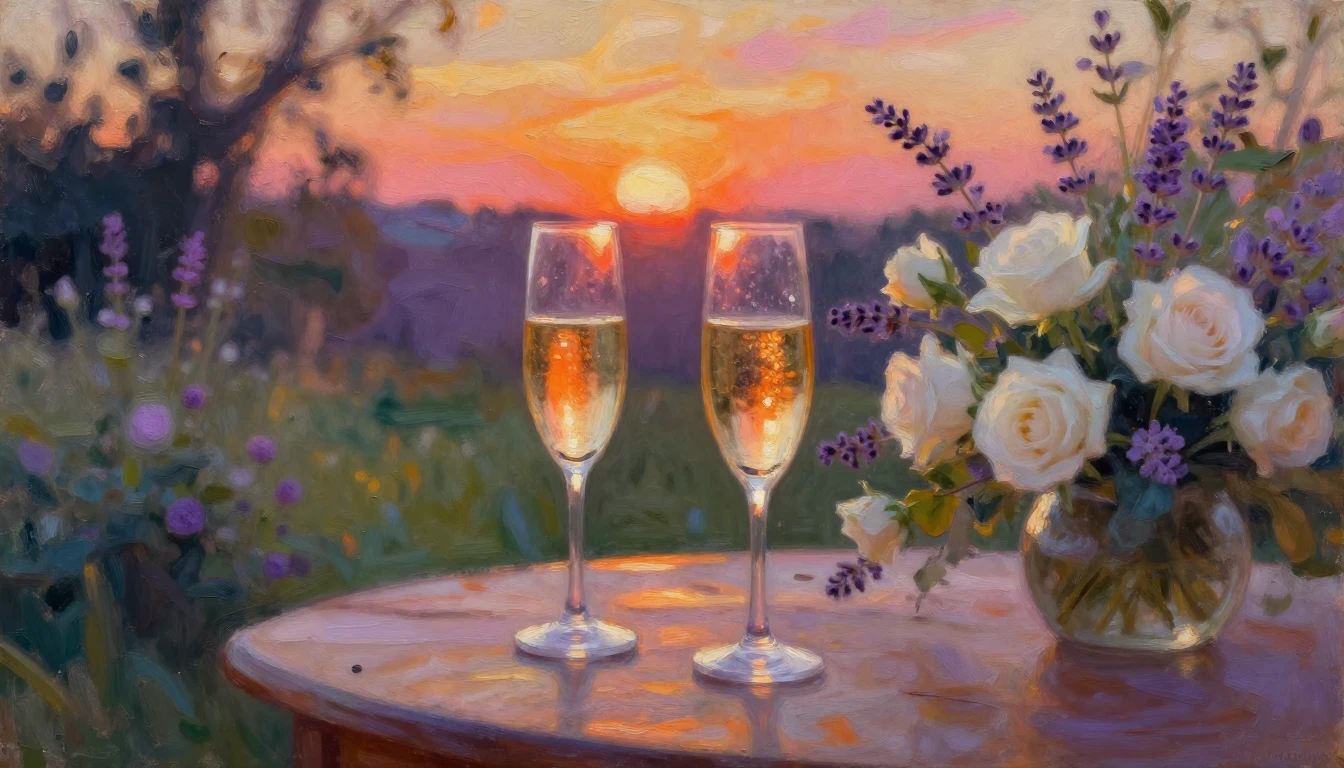 A beautiful impressionist oil painting of two glasses of cha...