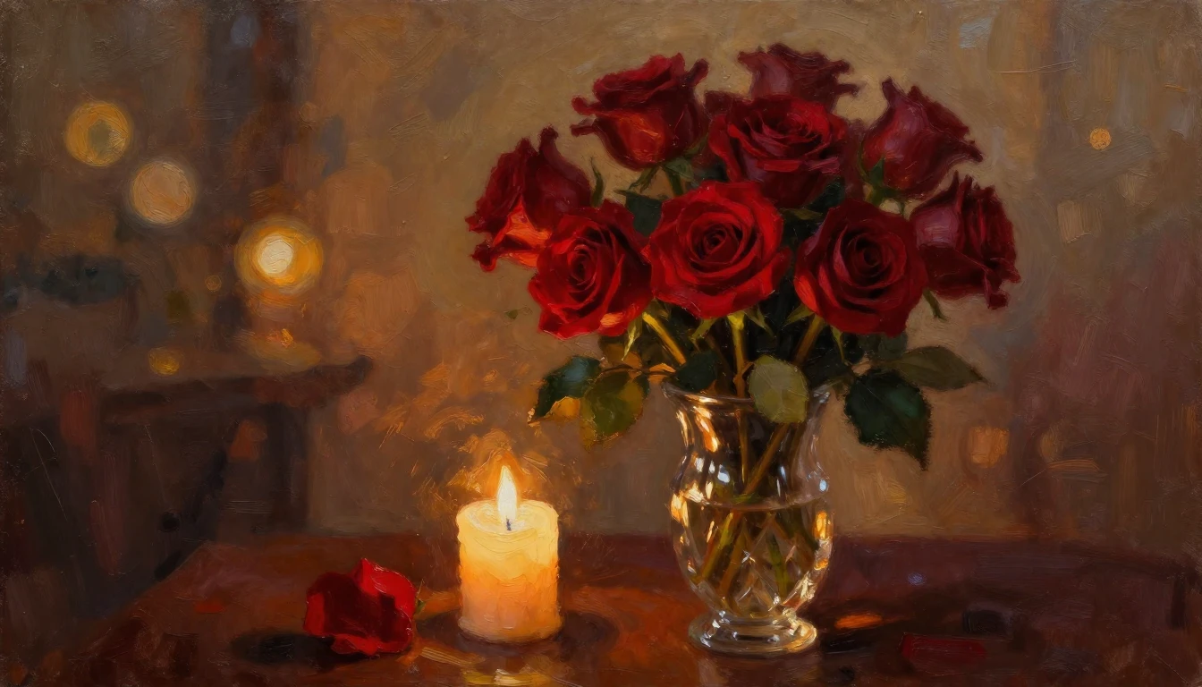 An evocative oil painting of a romantic setting. A bouquet o...