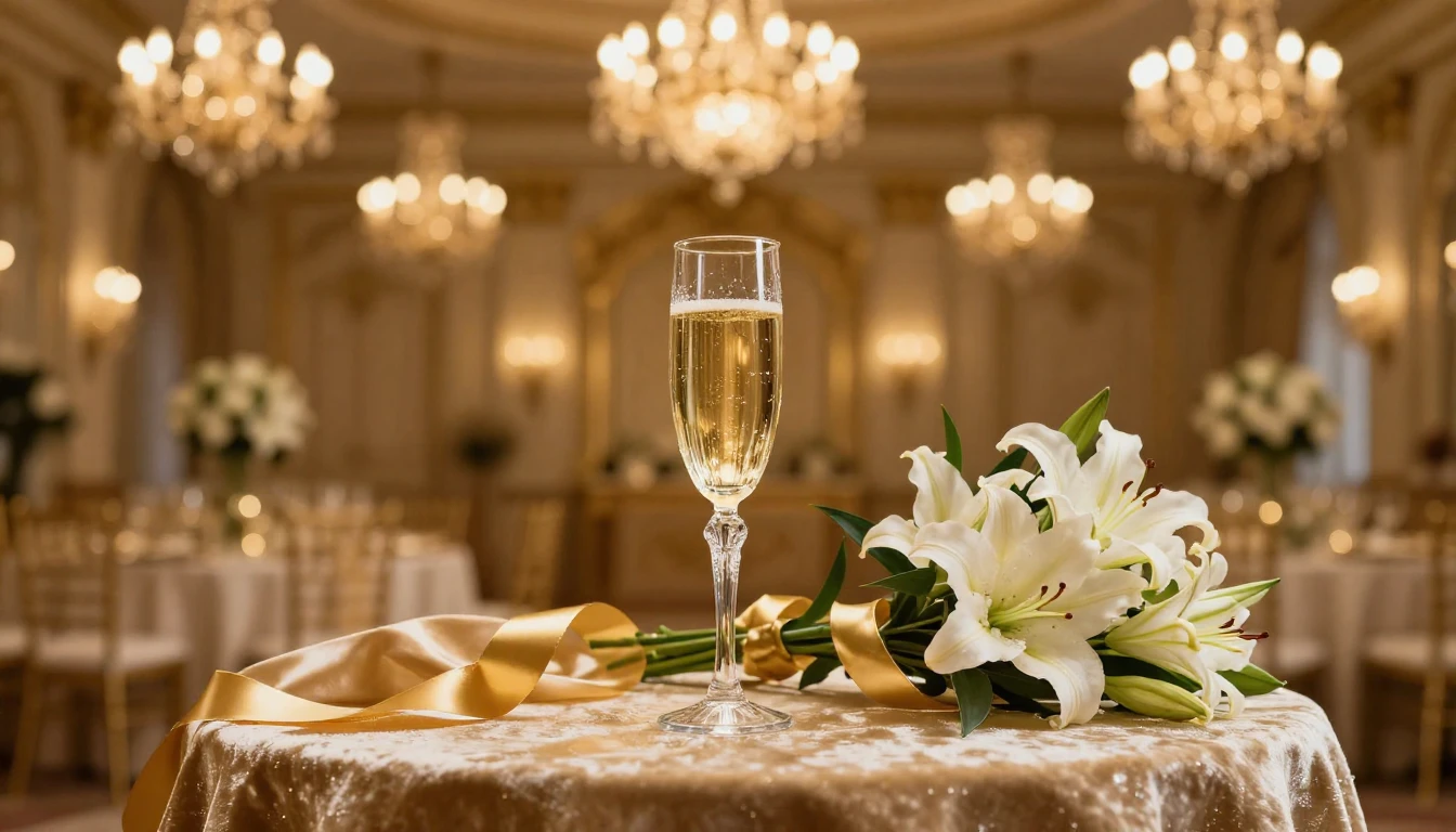 A luxurious and festive scene featuring a grand ballroom set...
