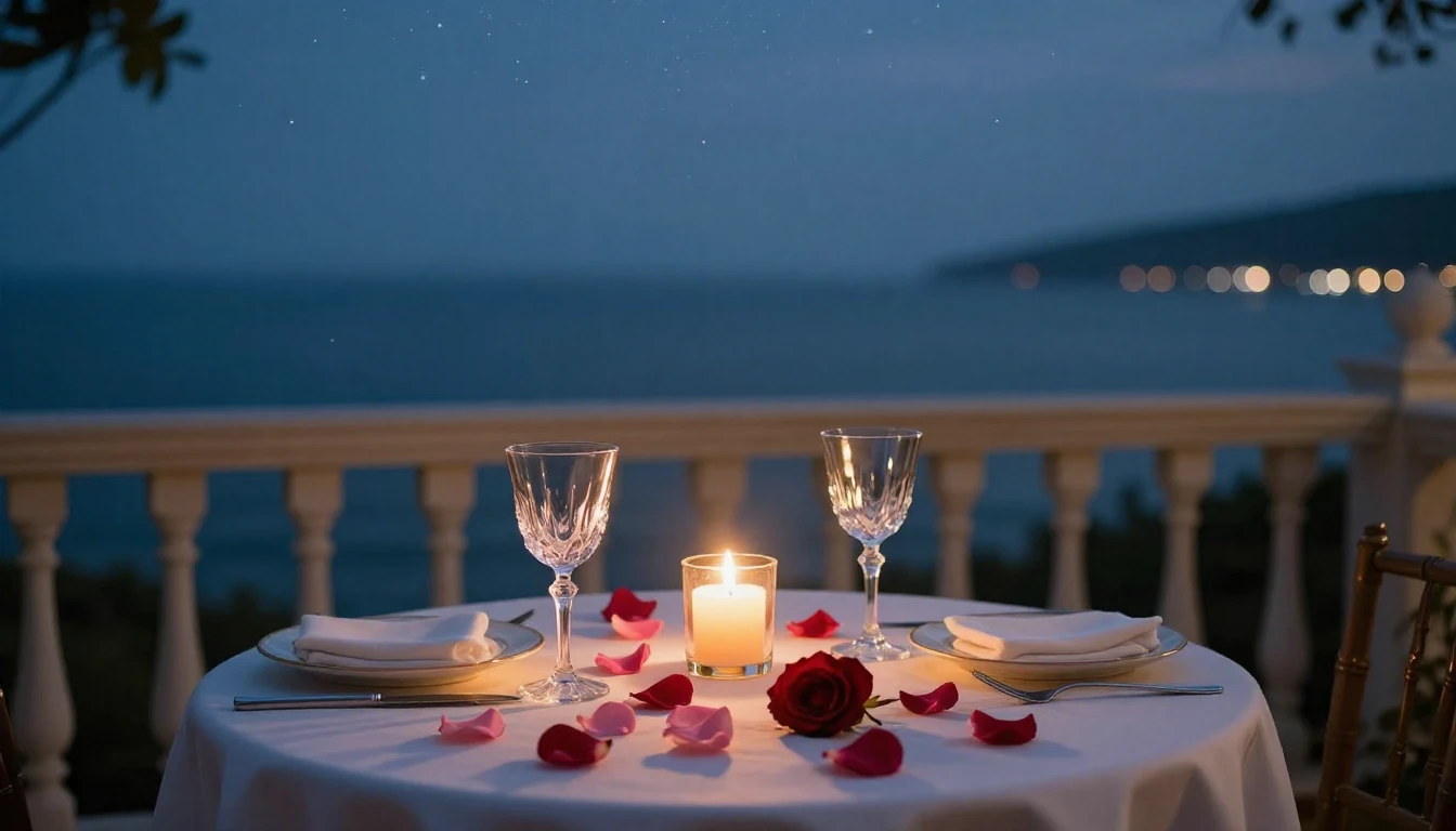 A breathtakingly beautiful scene of a quiet, candlelit dinne...