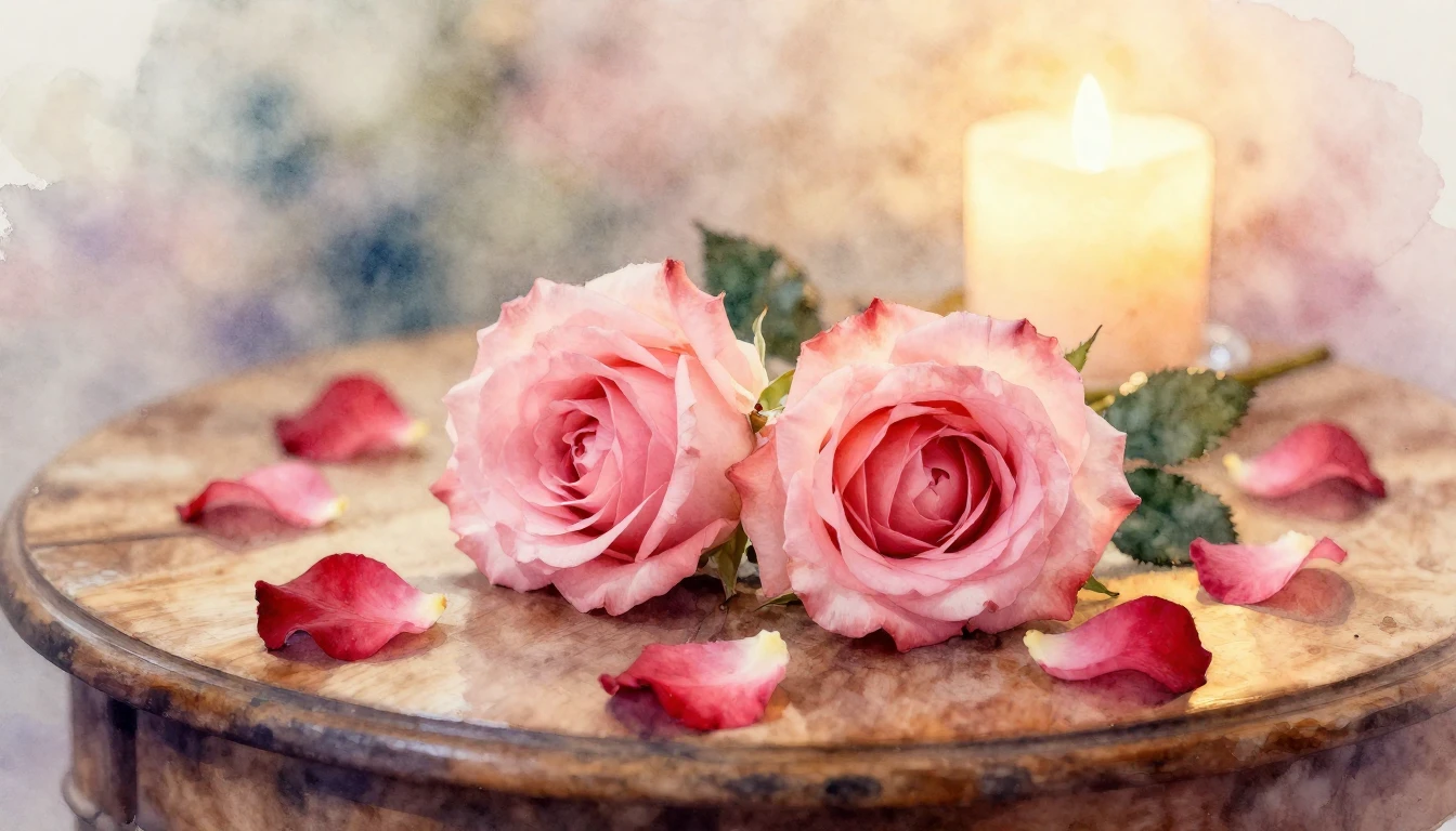 A delicate watercolor painting of two intertwined roses rest...