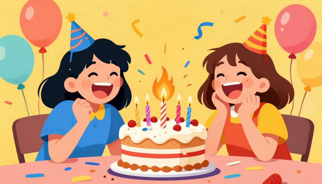 A vibrant and funny birthday party scene, a messy cake with ...