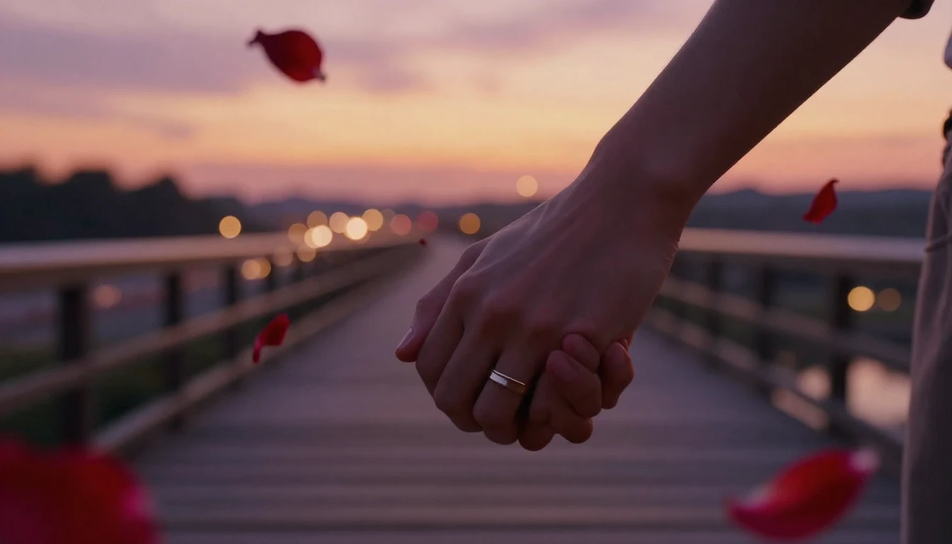 A highly detailed cinematic close-up shot of a couple holdin...