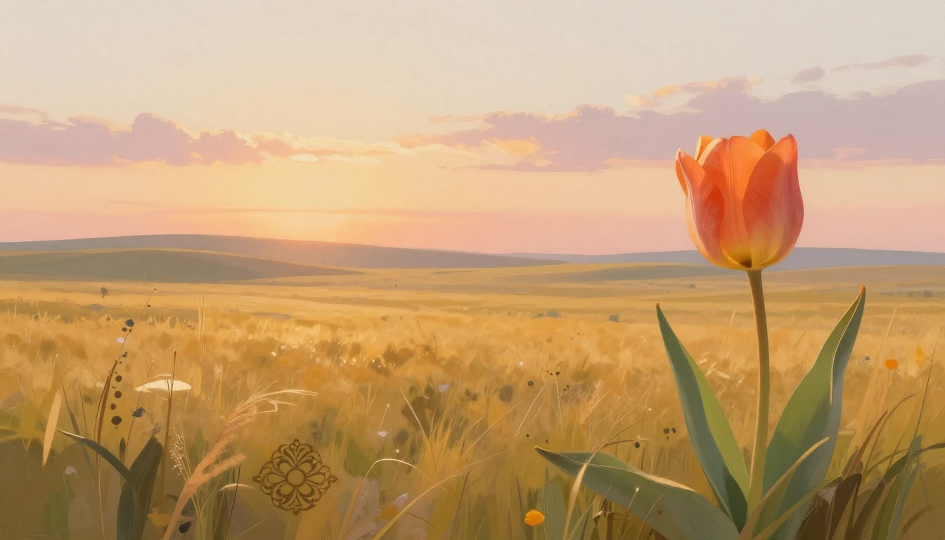 A serene landscape at sunrise, featuring a vast golden stepp...