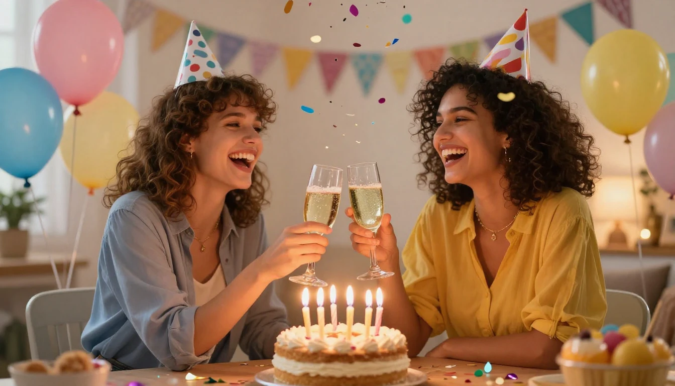 A joyful and vibrant birthday celebration scene. Two best fr...